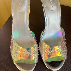 Nine West Silver Peep-Toe Heels with Rhinestone Embellishments Sz 10